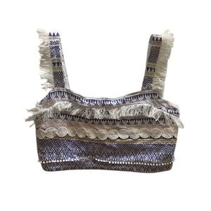 Just Me Boho Embroidered Crop Top M Blue White Fringe Geometric Cotton Tank